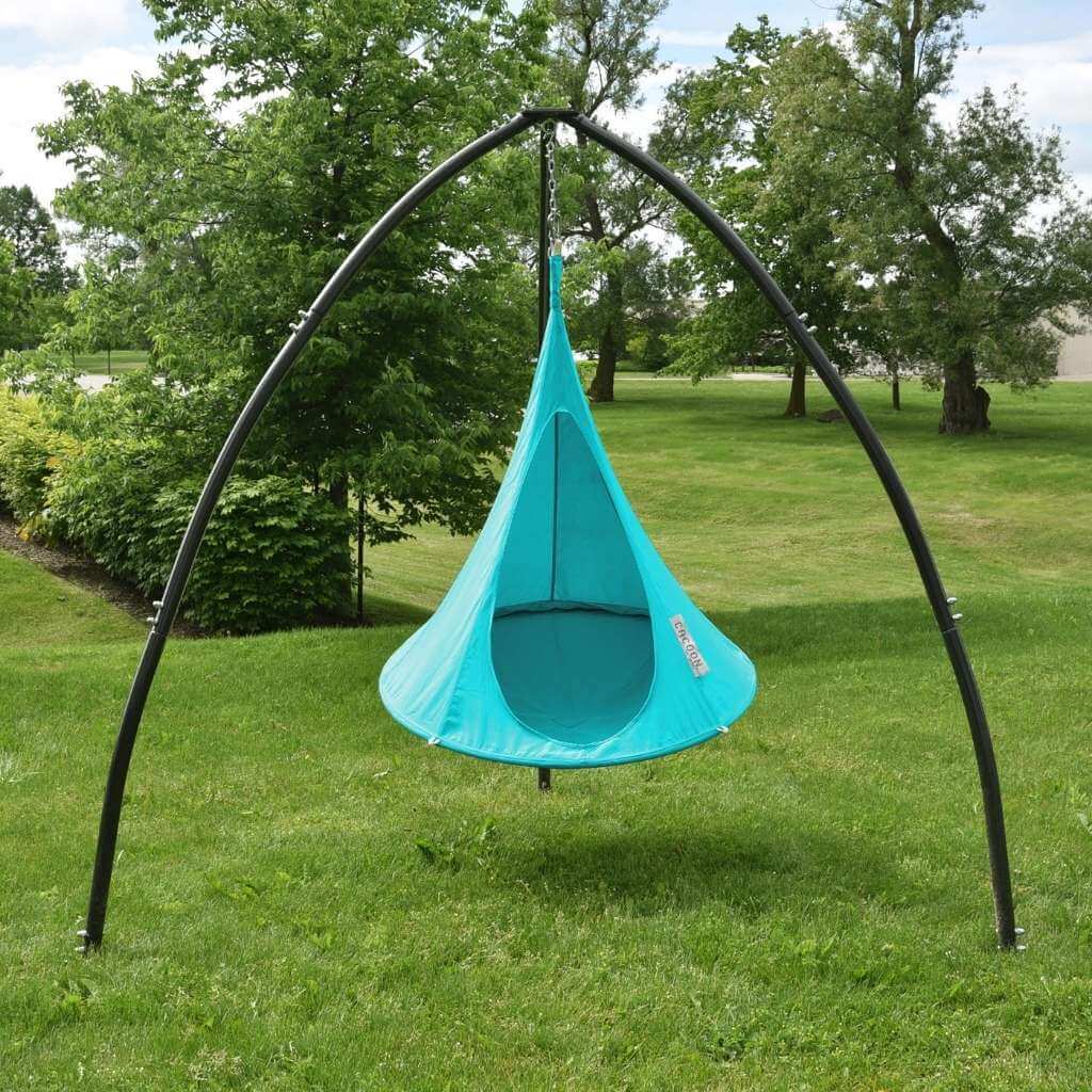 Torquise Kids Cacoon Pod Swing Assembled Using the Tripod Stand