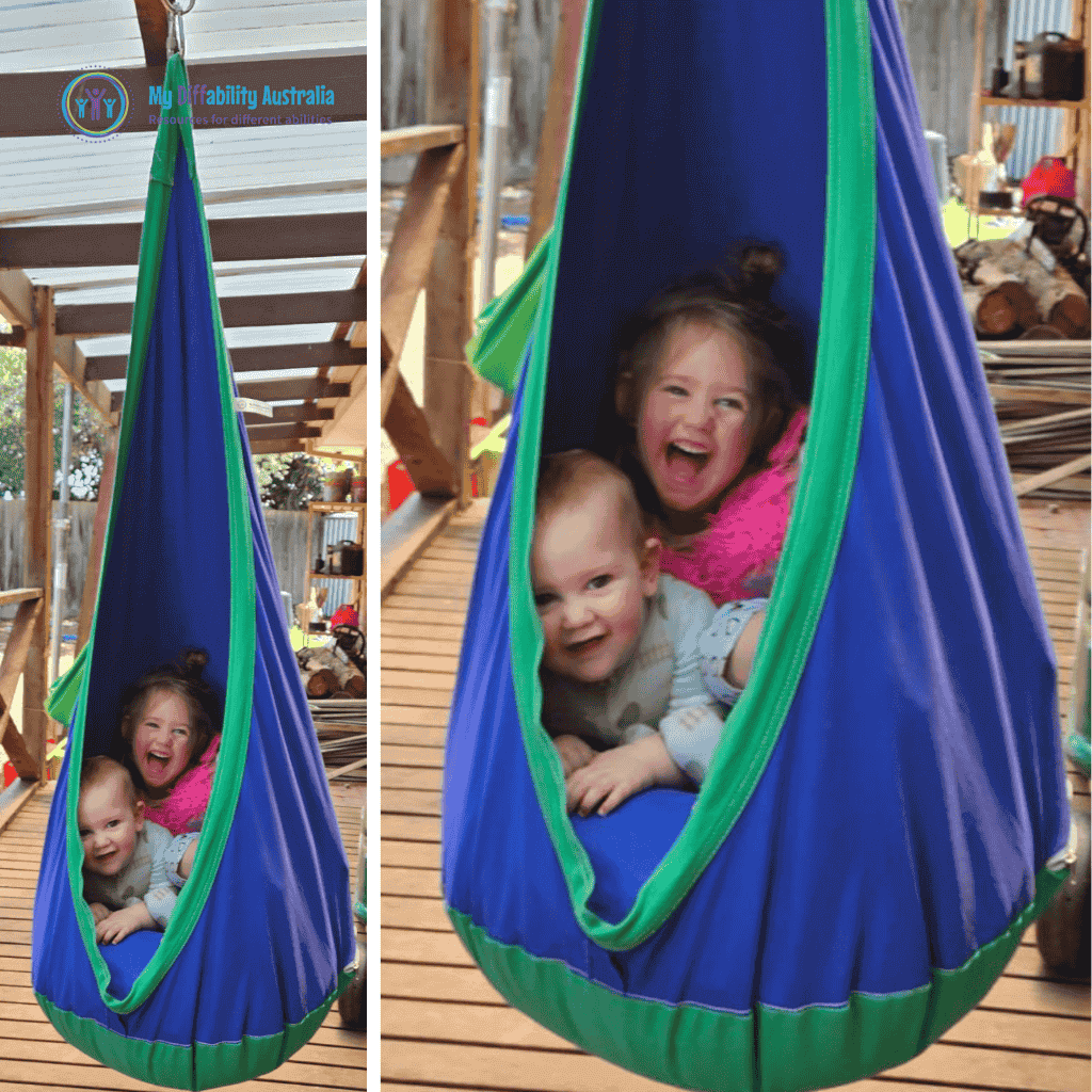 Two Young Girls happily seating in the aerial hammock