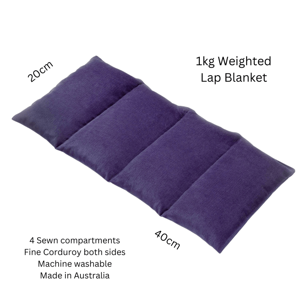 Purple weighted lap blanket with measurements and product details on a white background