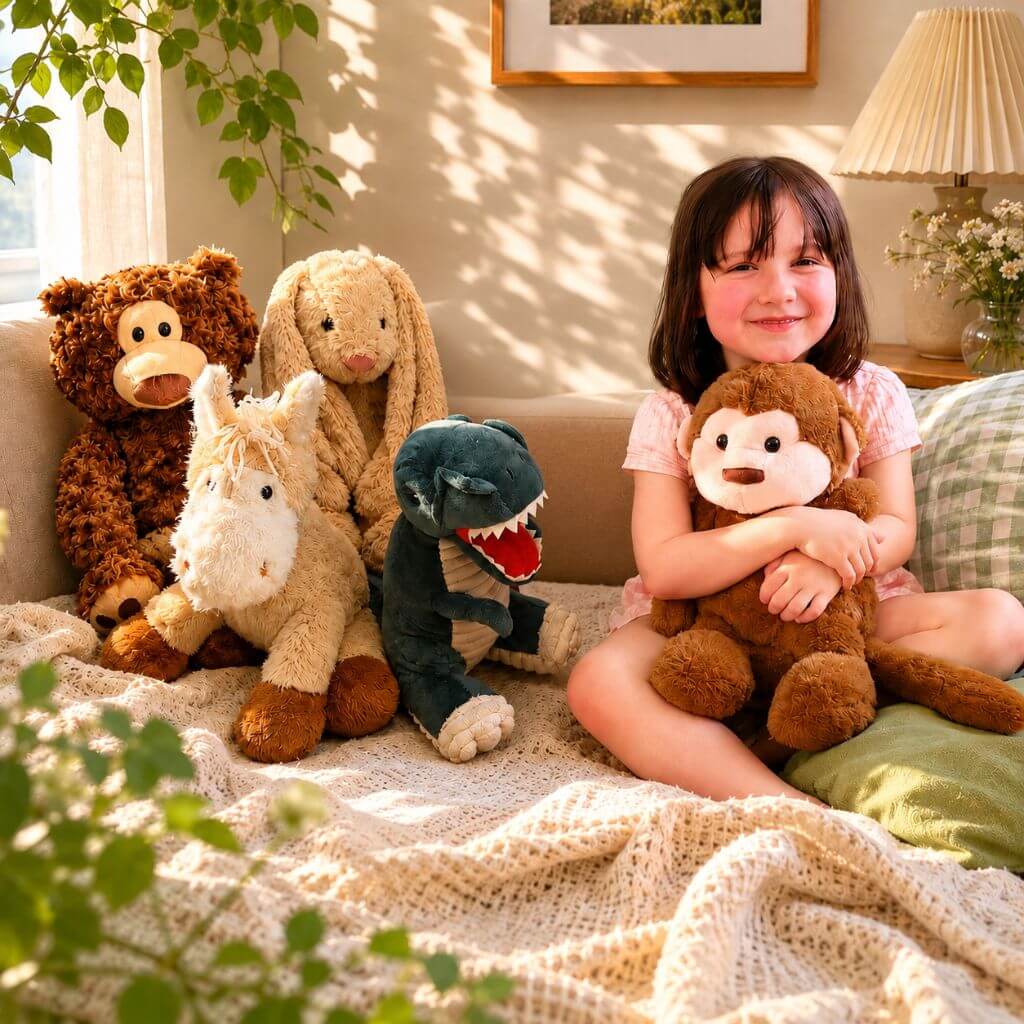Weighted Soft Toys in the couch while a young girl is holding one of the toys