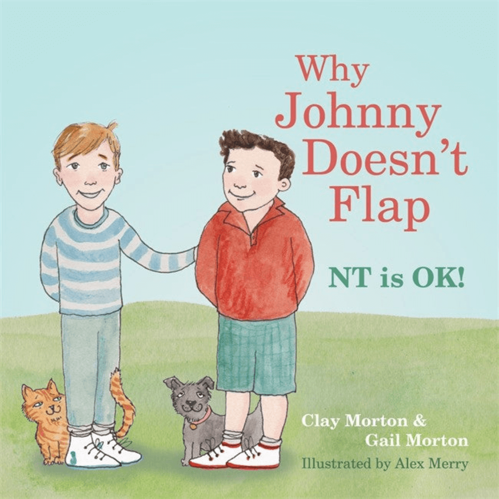 Book cover of 'Why Johnny Doesn't Flap' showing two boys, a cat, and a dog.