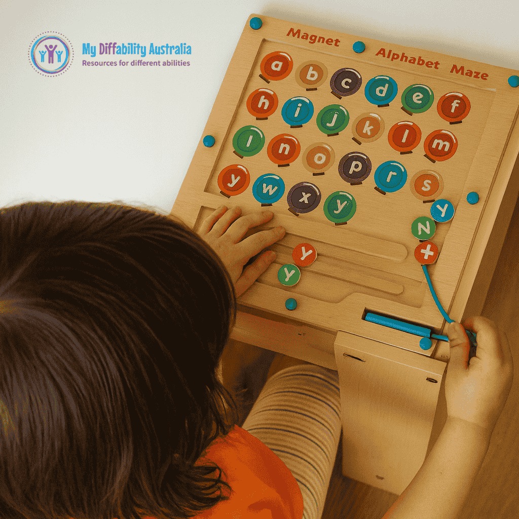 Young Boy Playing Magnetic Alphabet Maze Game