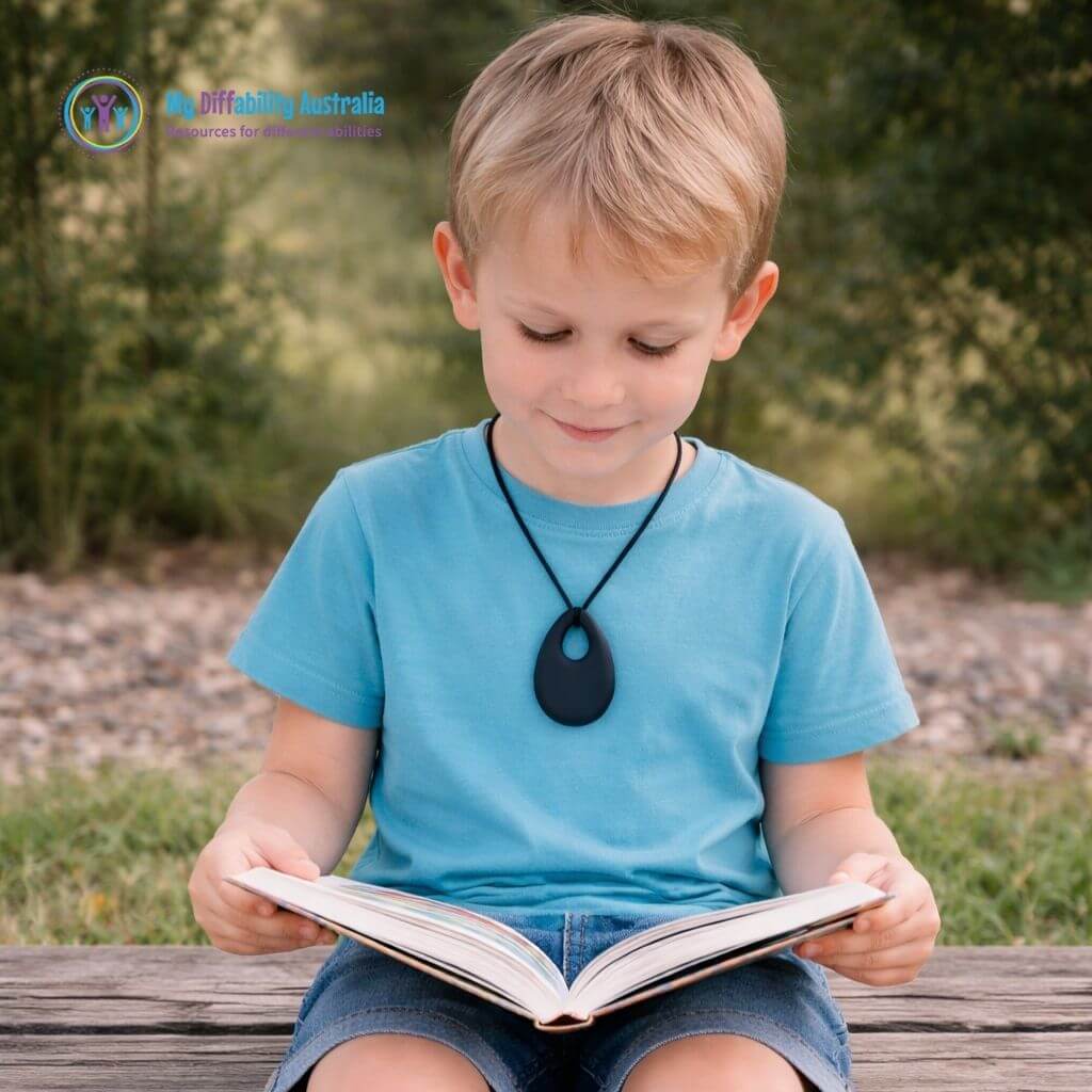 Young Boy Reading a book while wearing black Chewy Droplet Pendant