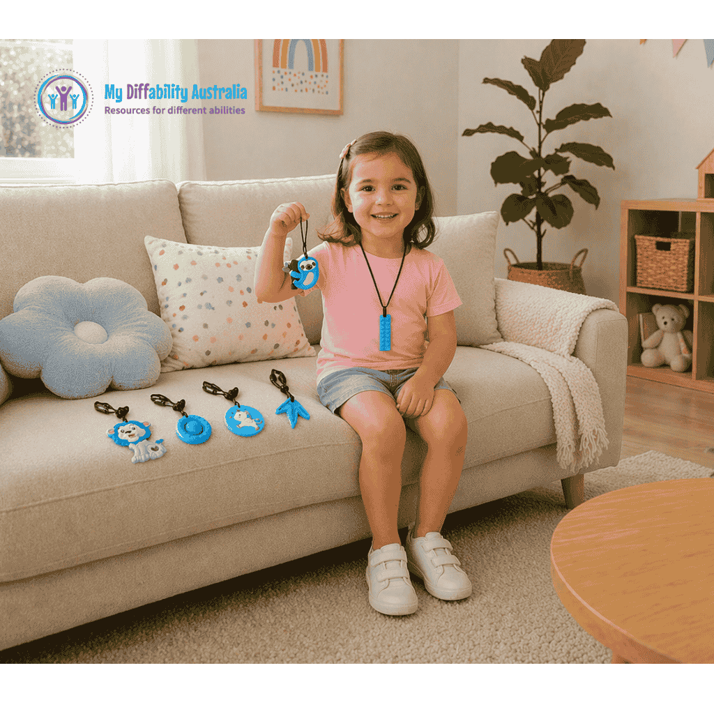 Young Girl In the living room showing Sensory Chew Variety Pack Set of 6 Blue Chewy Tools