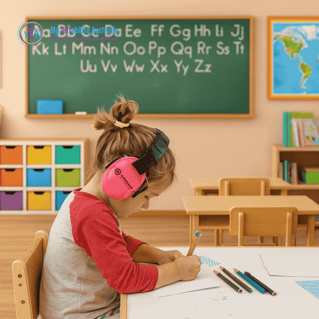 Young Girl Seating Down in the classroom while wearing pink ear defender