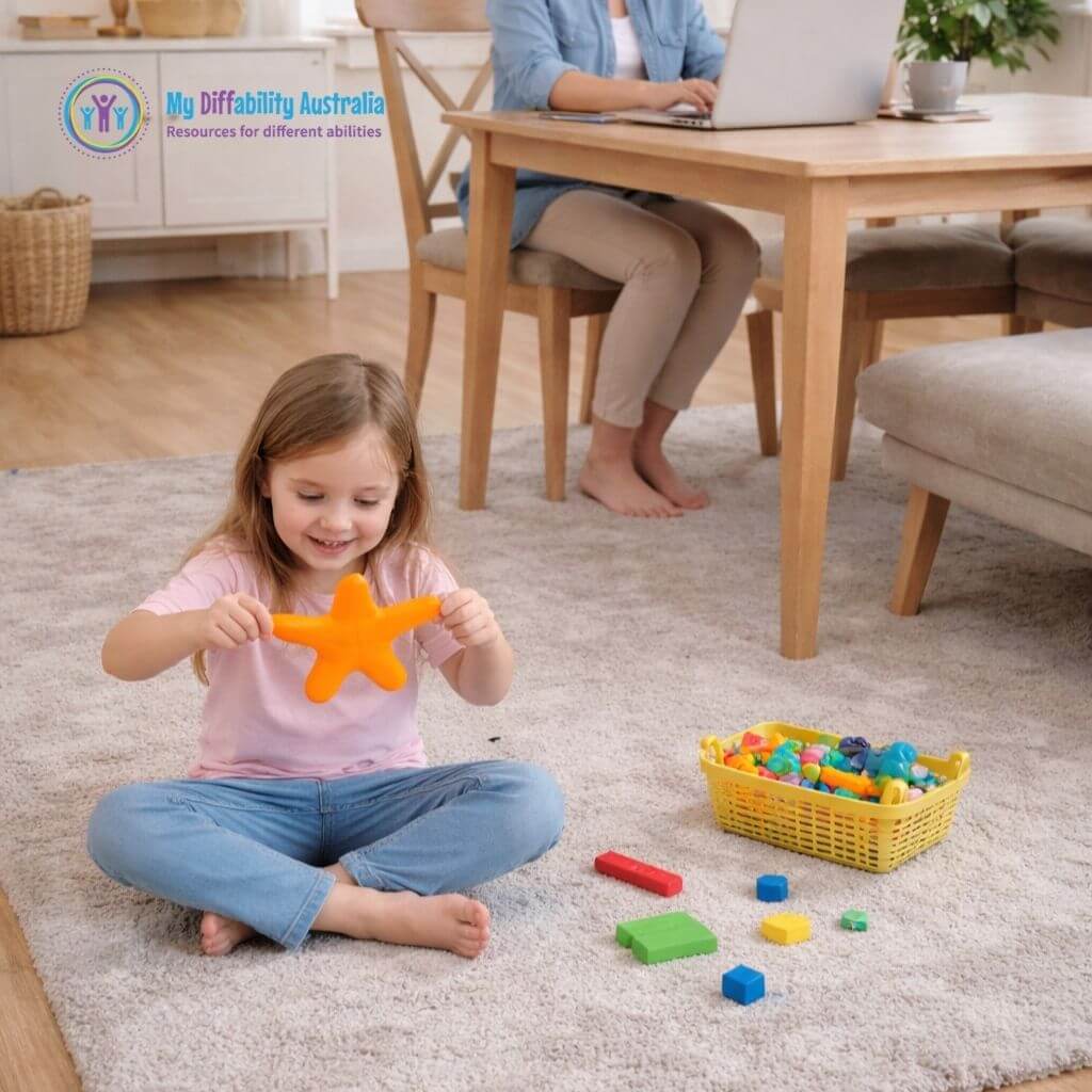 Young Girl Seating In the floor while stretching the orange Splat Guy Stress Relieving Tool