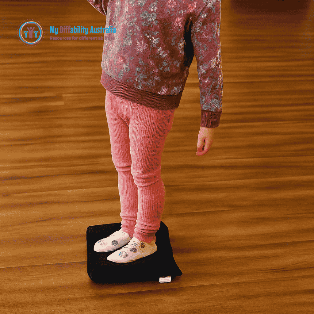 Young Girl Standing on top of Pressure Activated Vibrating Cushion