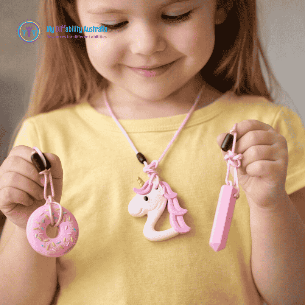 Young Girl Wearing Unicorn Necklace and Holding Donut And Gem Necklace