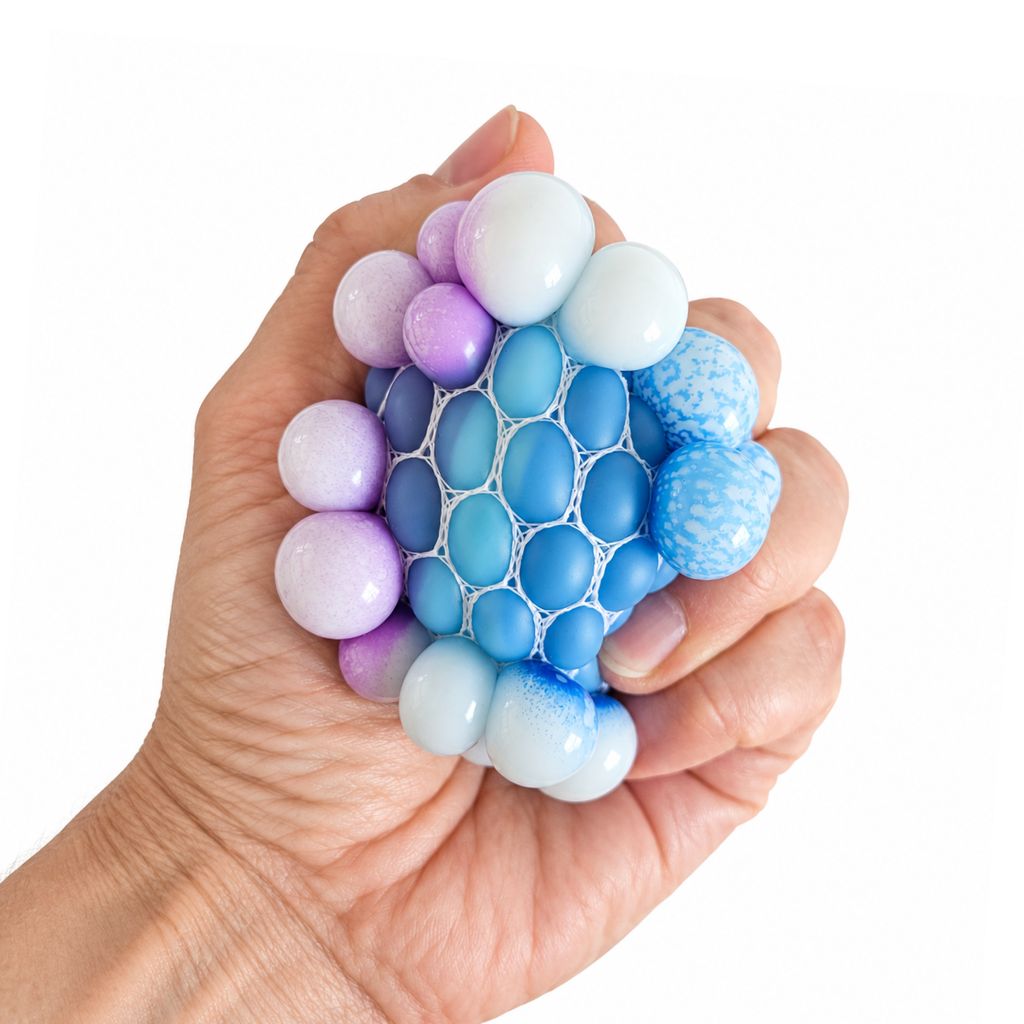 Zoom In View of Squishy Squeeze Mesh Stress Ball while being squished