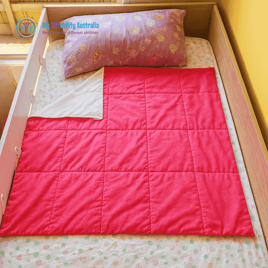 Zoom In View of a Kids Bed with Small Weighted Blanket Pink