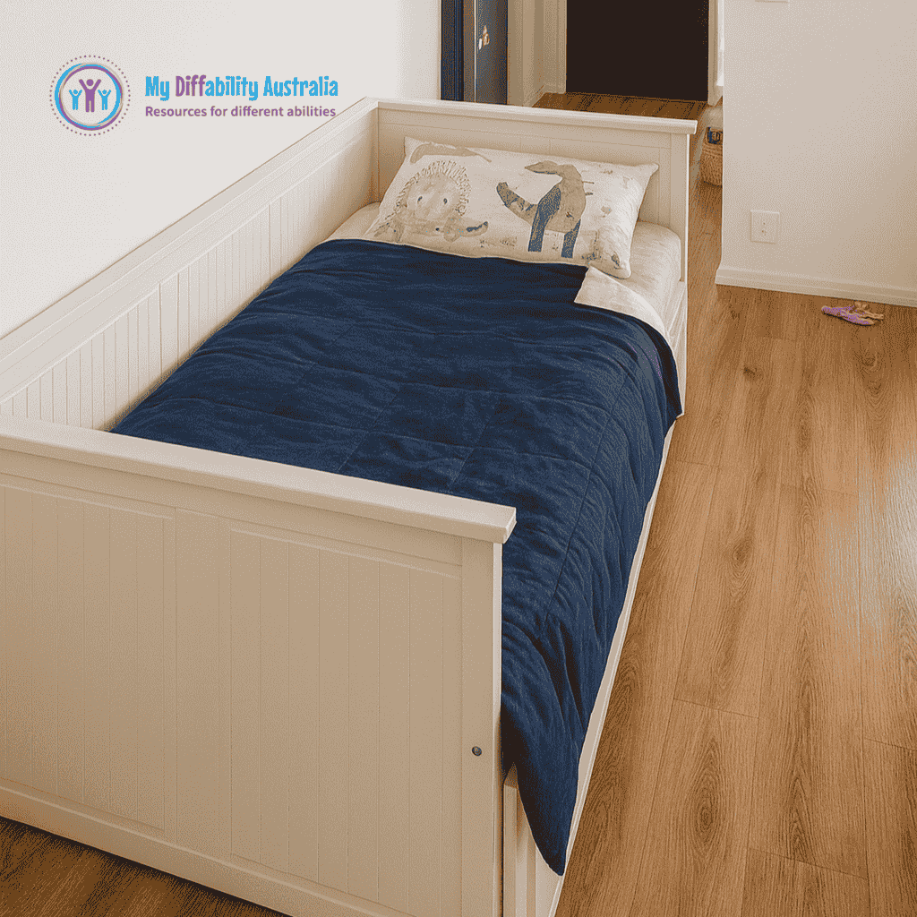 Zoom In View of a Kids Bed with Weighted Blanket Single blue