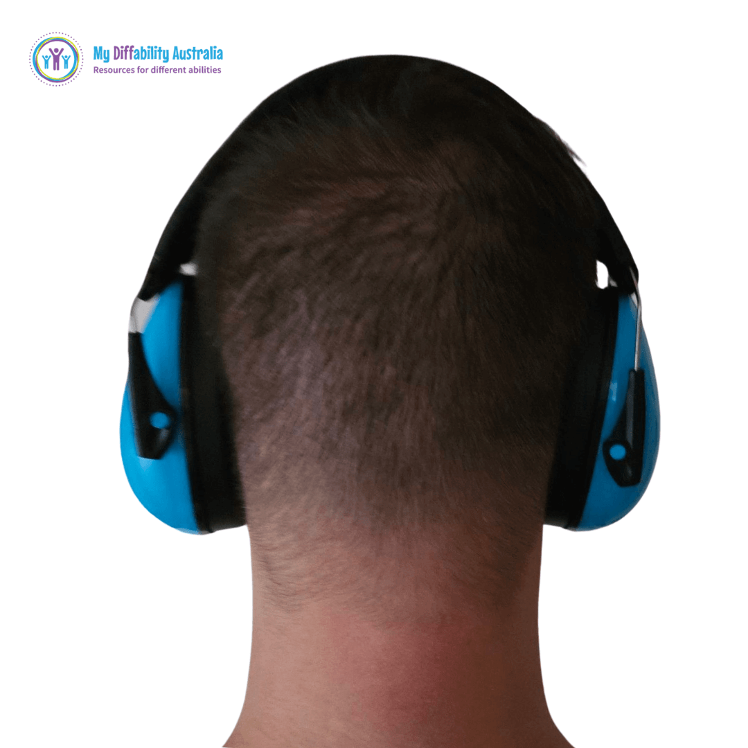 back view of adult wearing ear defender ear muffs