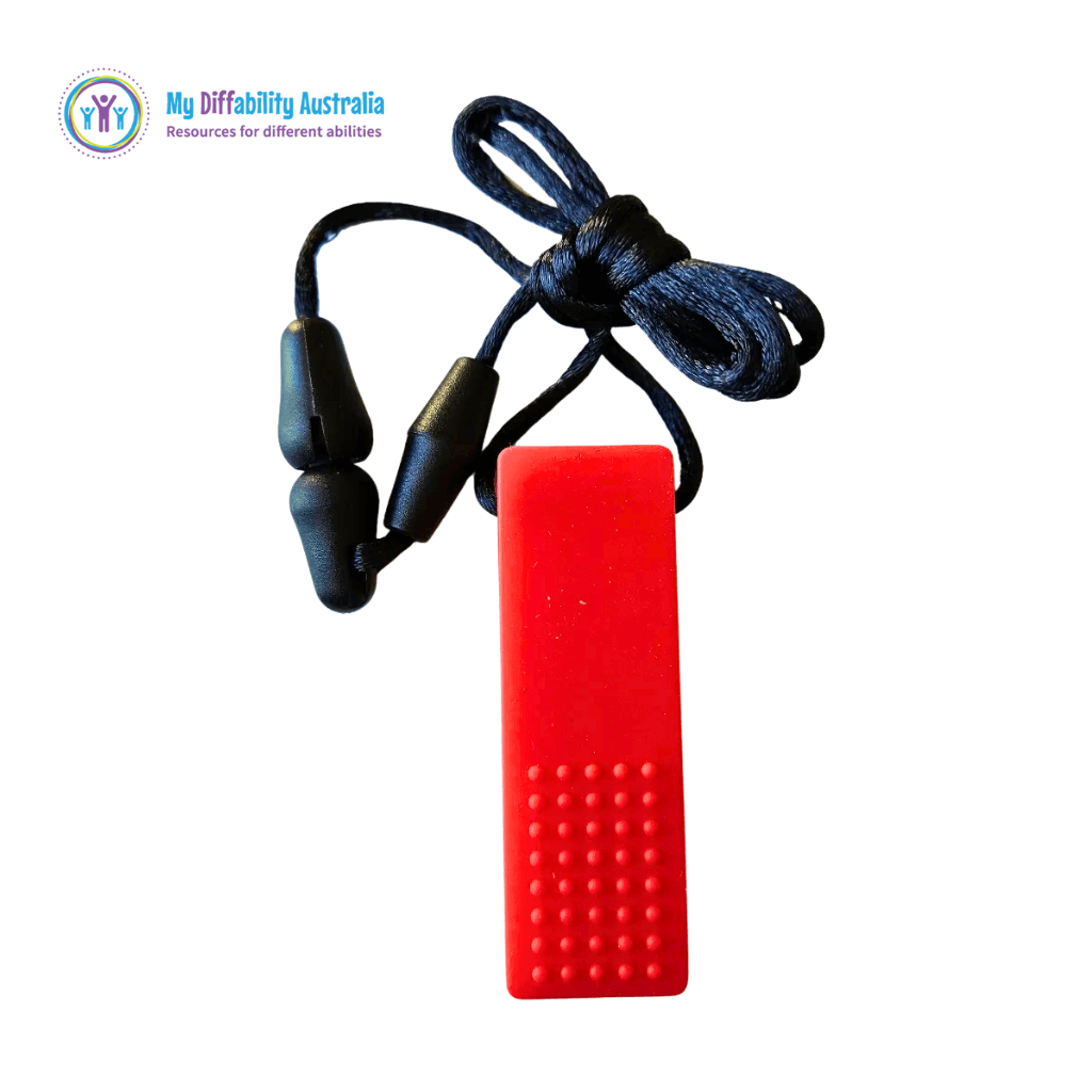 back view of building block chew necklace red rectangle on a black string