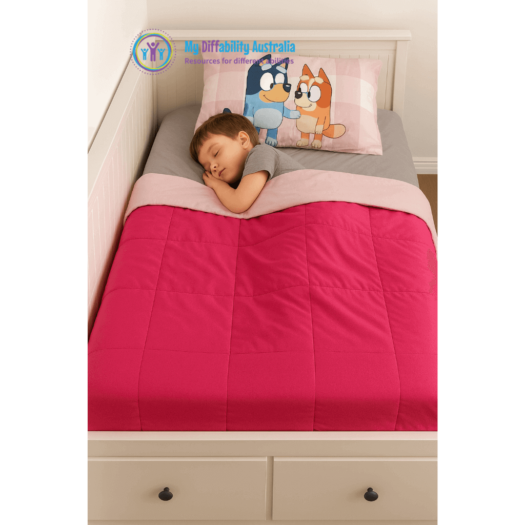 boy sleeping in the bed with weighted blanket single pink on pink