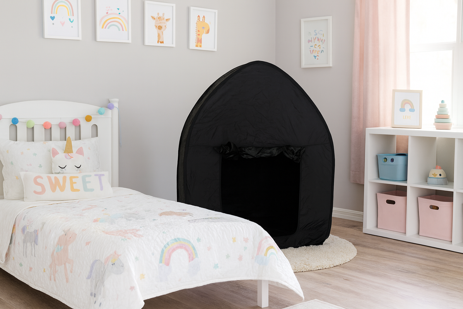 dark den sensory tent set up in a bedroom