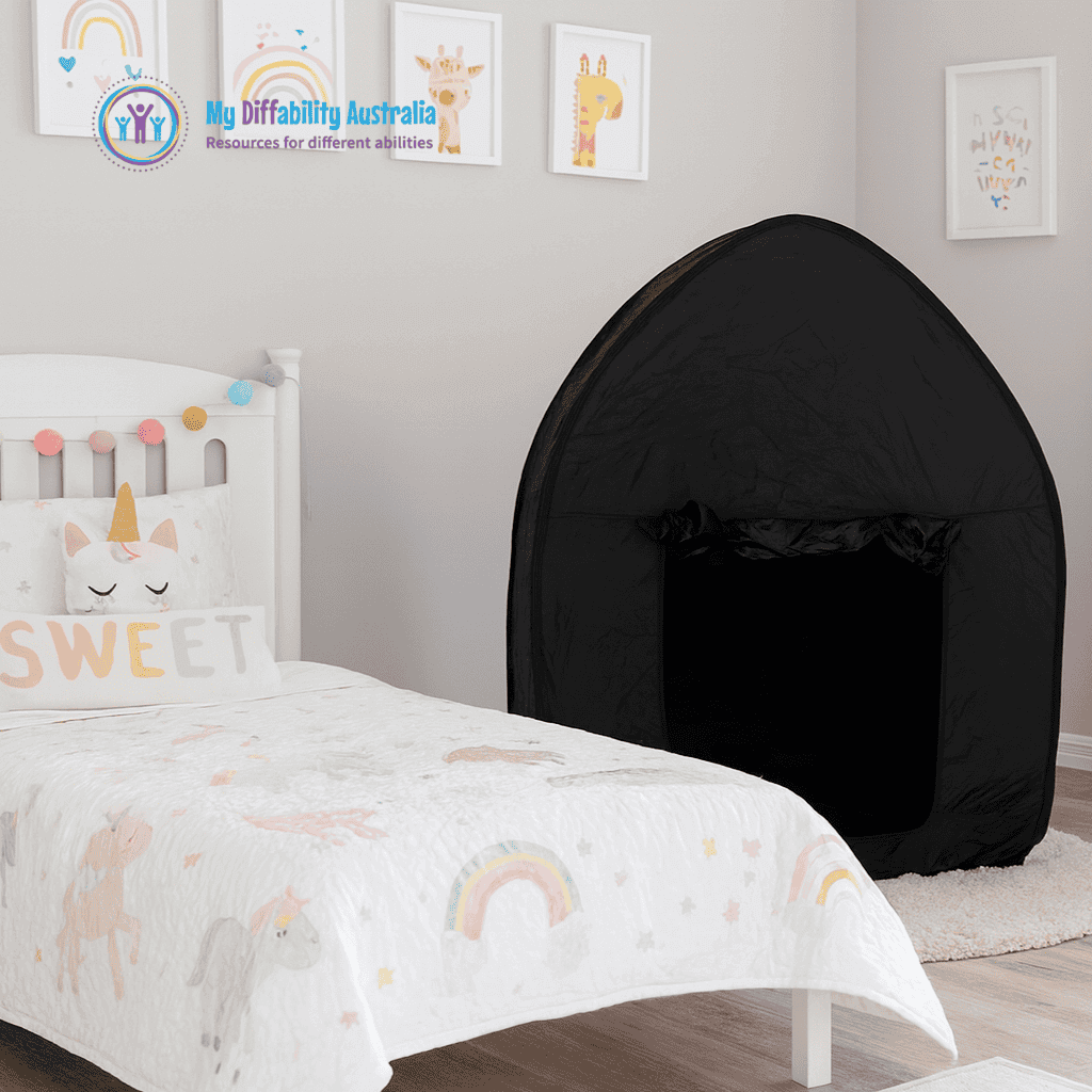 dark den sensory tent set up in a bedroom zoom in