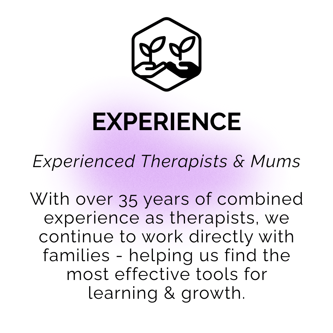 Text about experienced therapists and mums with a logo on a white background