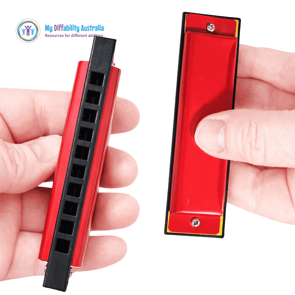 small metal harmonica side and front on