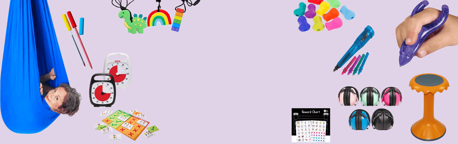 Colorful educational toys and tools on a light purple background