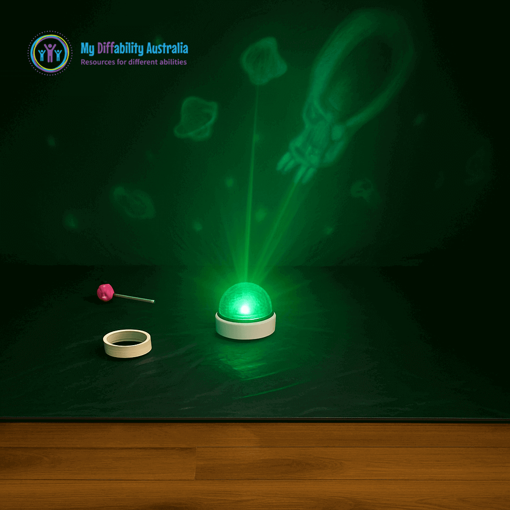 rotating star projector turned on while inside a black tent