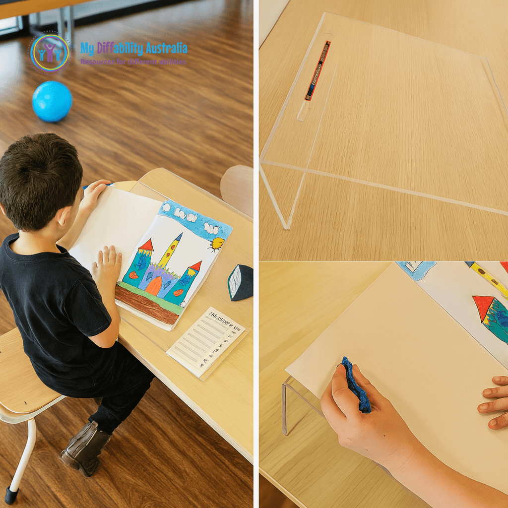 Three views of the slope board for writing with different uses