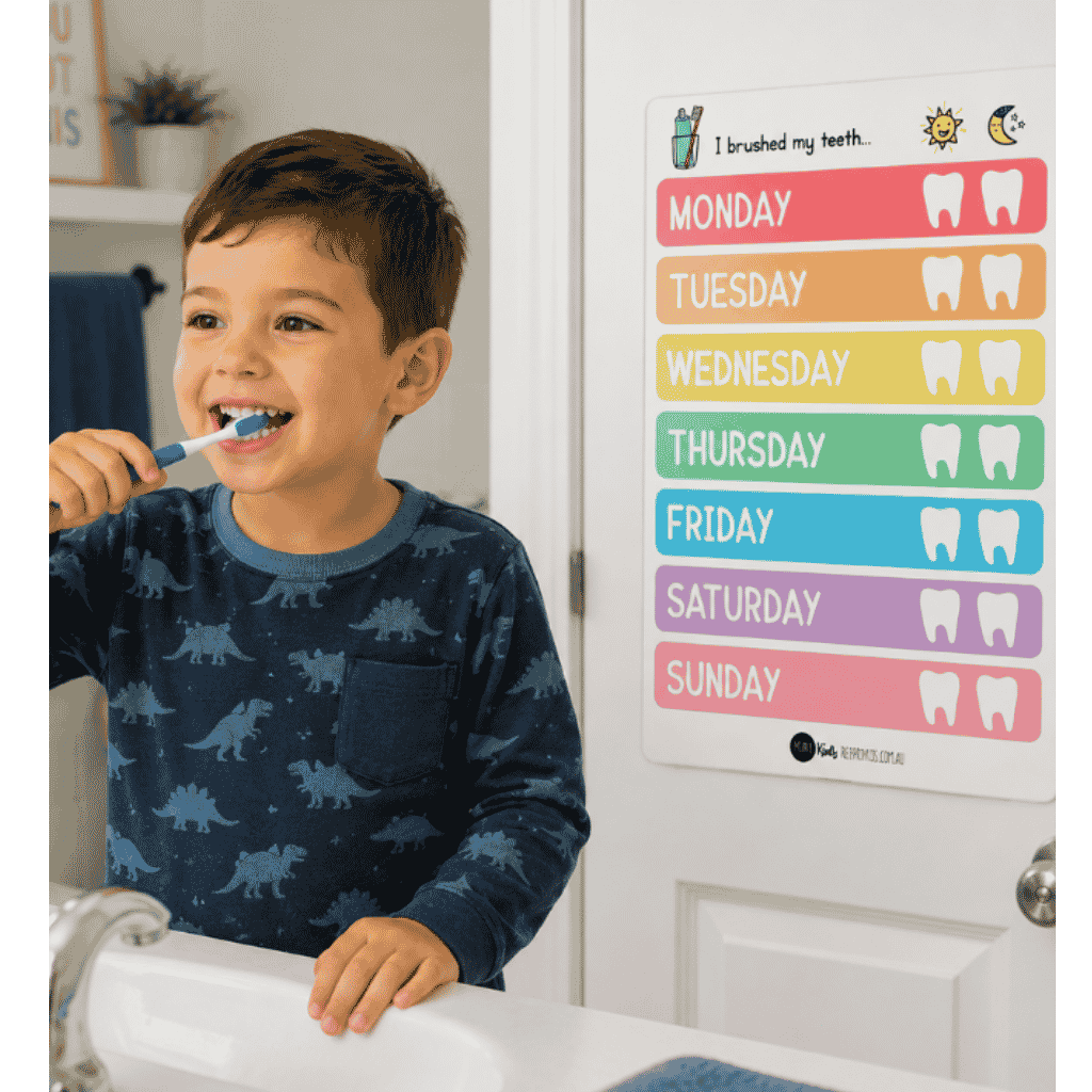 tooth brush chart posted on a bathroom door while a kid is brushing his teeth