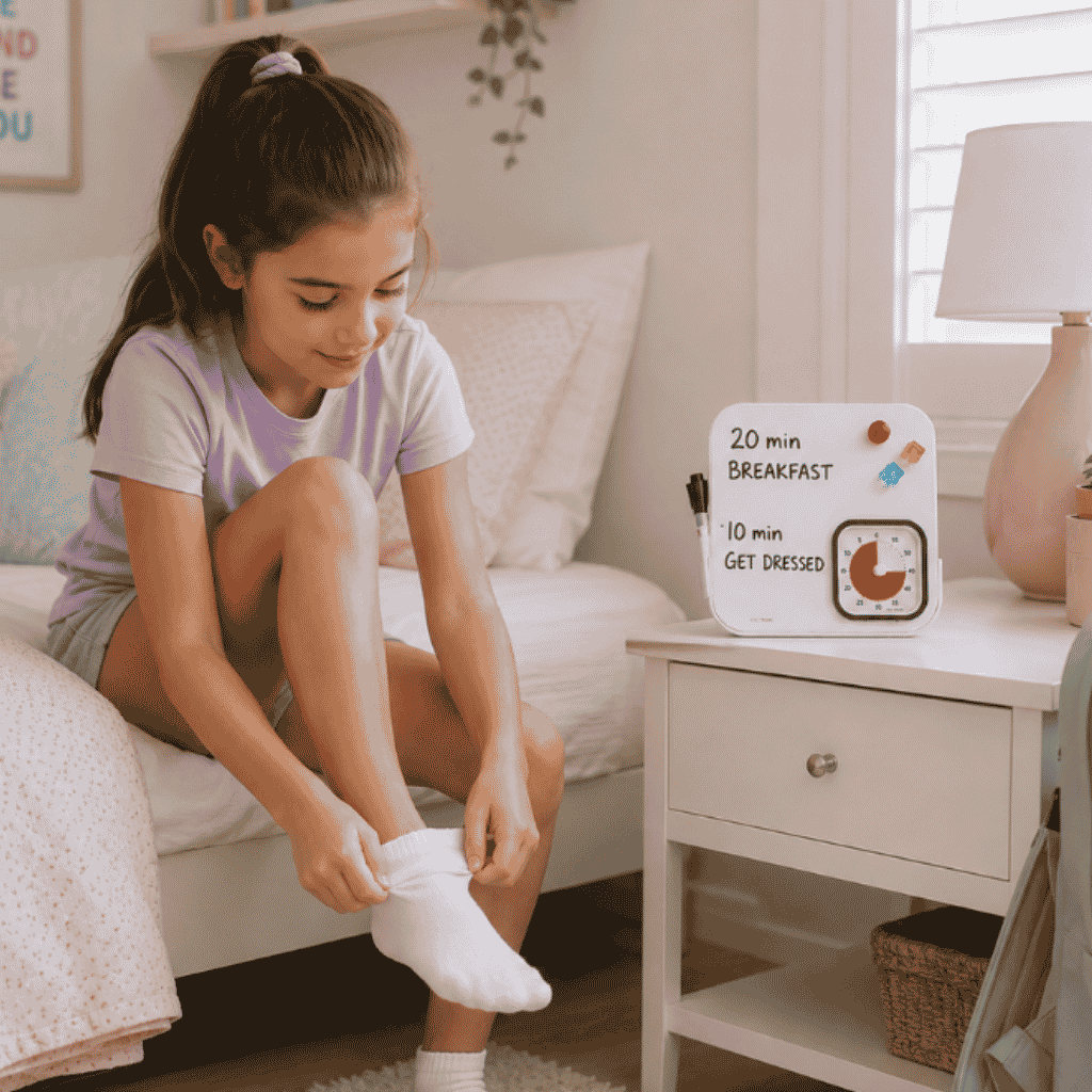 young girl dressing up while the time time mod with board is in the table