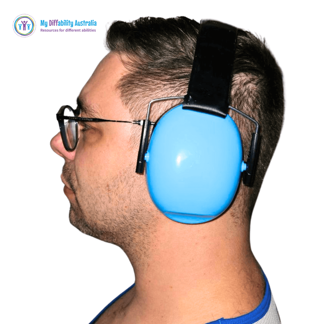 zoom in side view man earing ear defender ear muffs