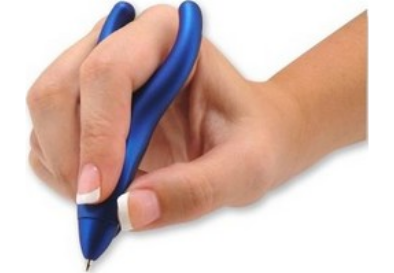 hand holding a blue penagain ergo soft pen