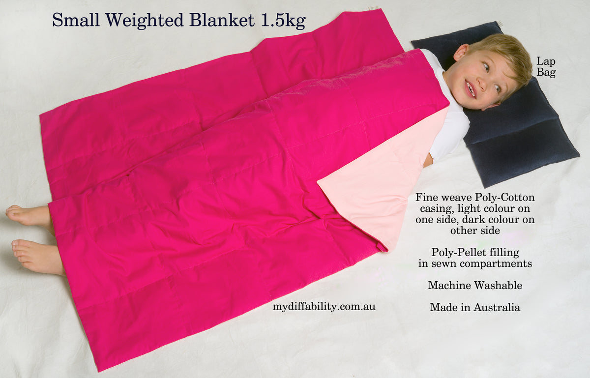Picture of a boy lying with his head on a weighted lap bag. Small weighted blanket over him. Text describing features of the blanket.